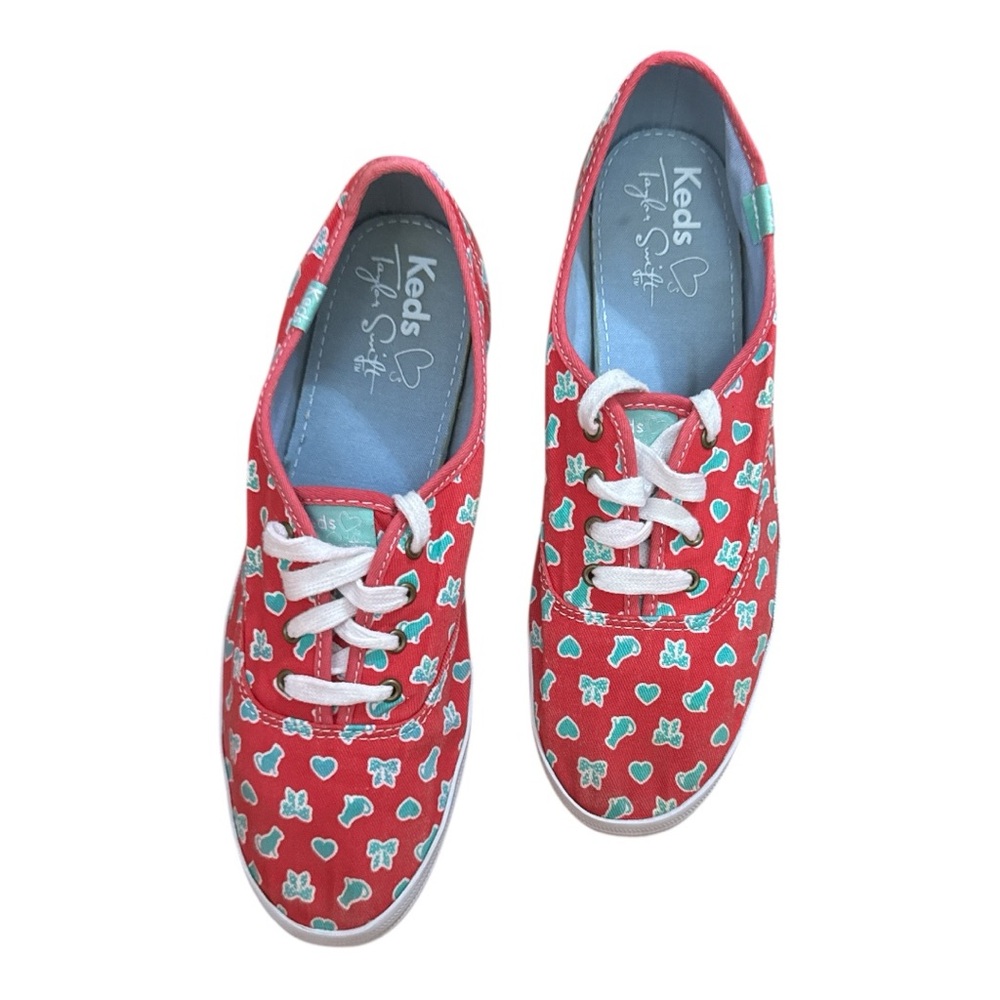 KEDS Taylor Swift Pink Canvas Lace Up Sneakers Cats Hearts Bows in Green 8 1/2